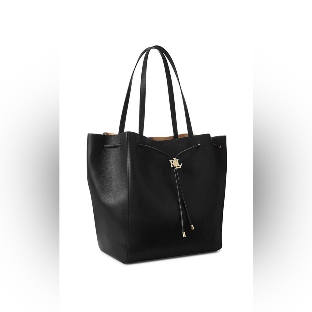LAUREN RALPH LAUREN Andie Large Leather Drawstring Tote Black